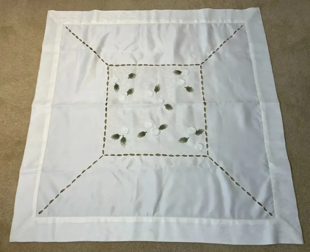 Table Topper White Floral Green Leaf Embellishments Cutwork 39 Inch Square